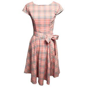 Pink Plaid Fit & Flare Dress With Belted Waist & Cap Sleeves And Pockets Small